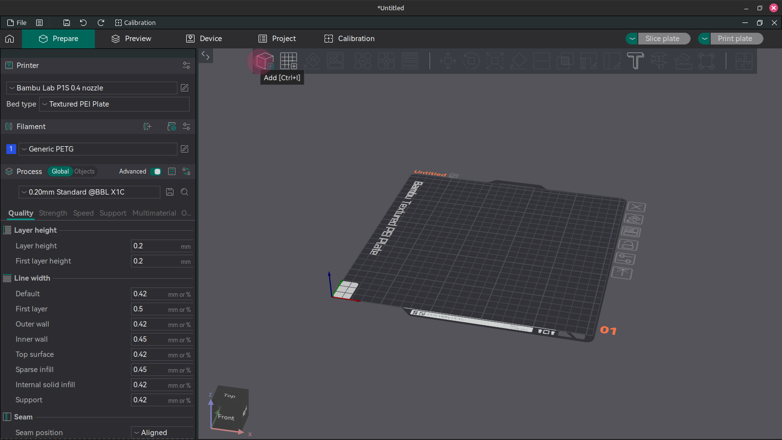 Screenshot of using the add button in Orcaslicer