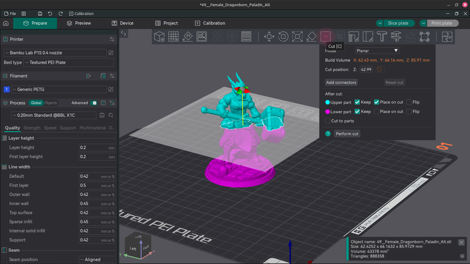 Screenshot of using the cut tool in orcaslicer