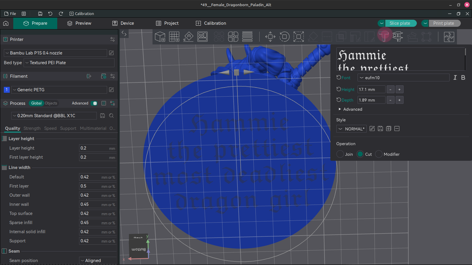 Screenshot of using the emboss tool in Orcaslicer
