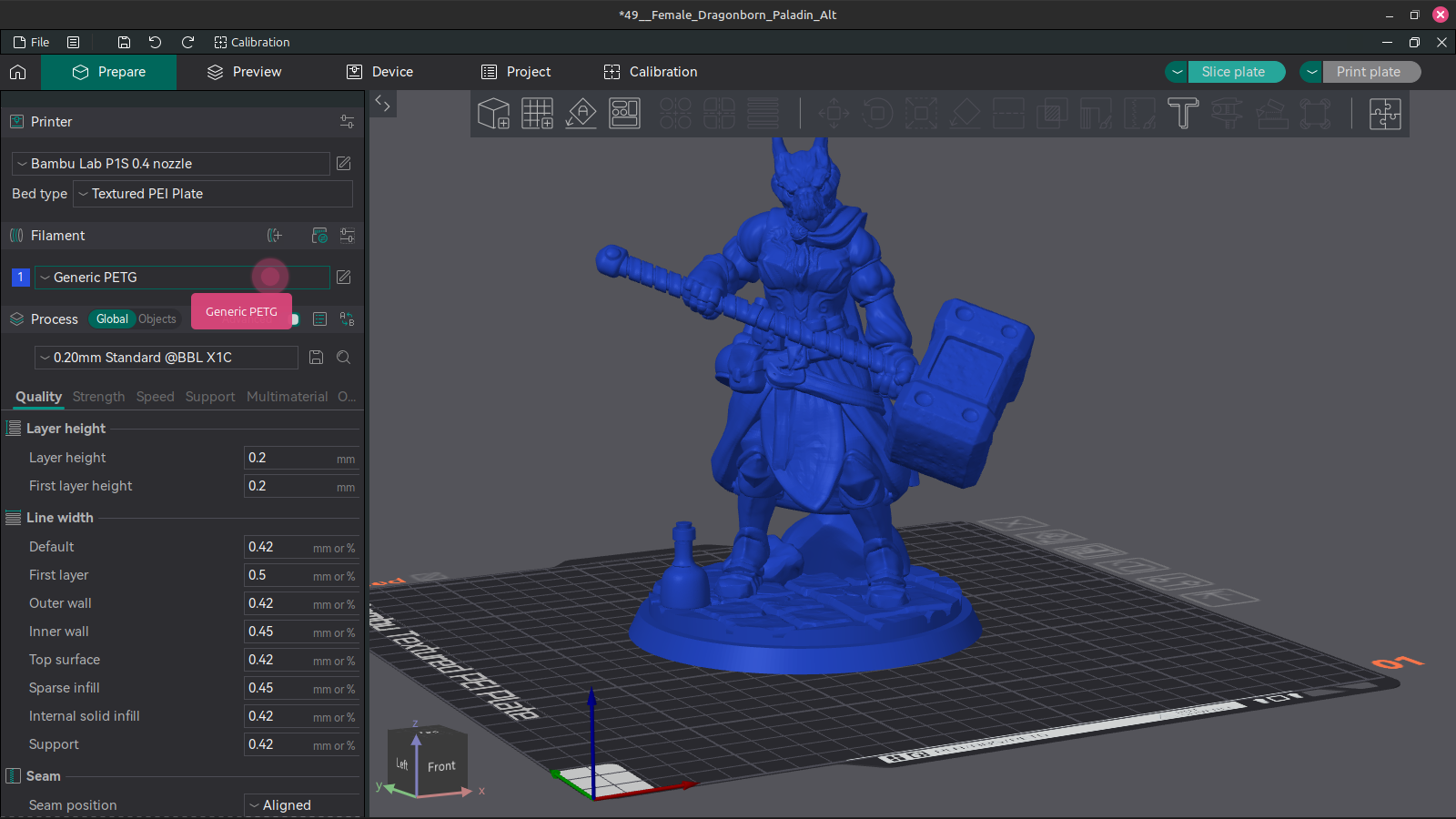 Screenshot of selecting filament type in Orcaslicer
